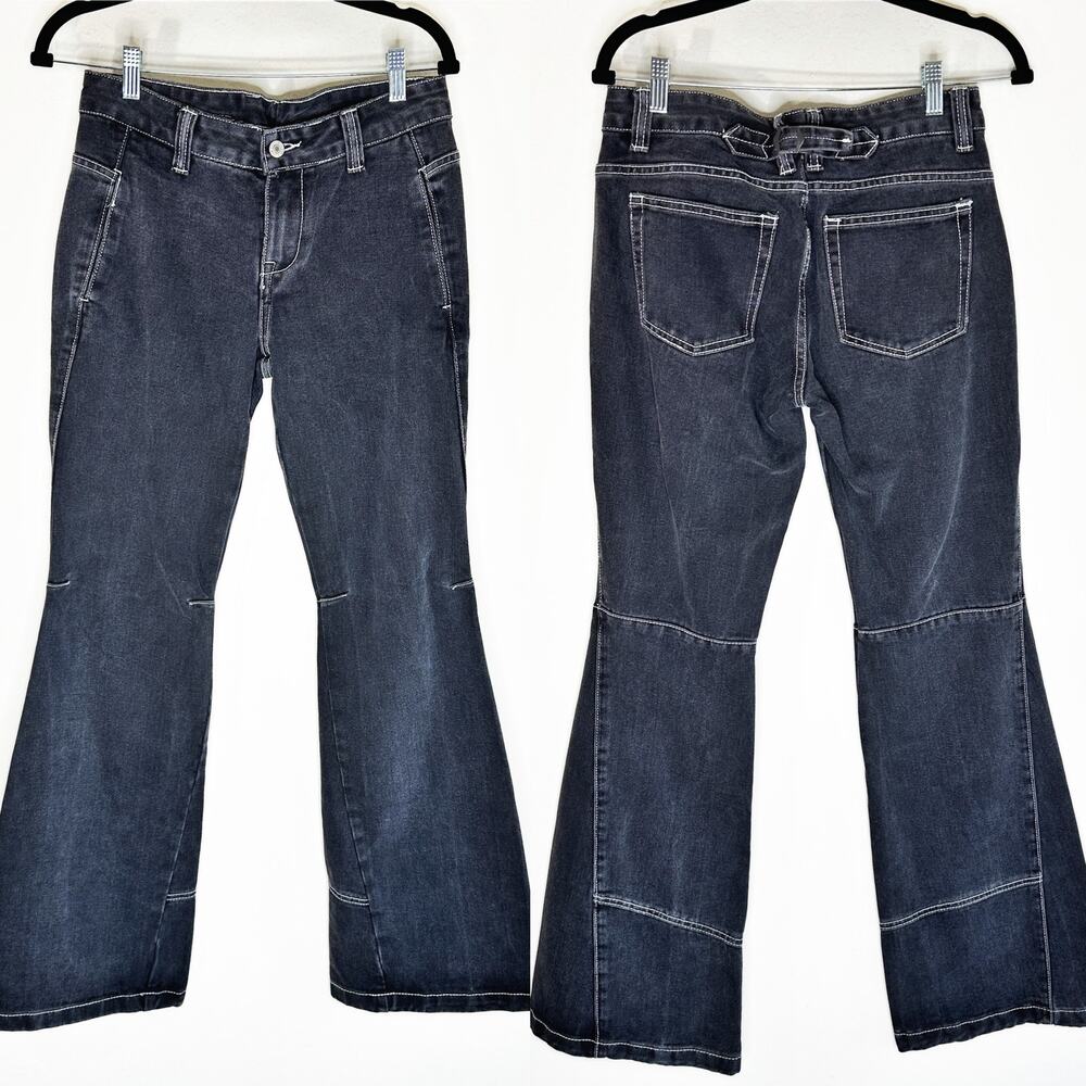 Brandy Melville J. Galt Charcoal Grey Bell Bottom Contrast Stitch Flared Jeans